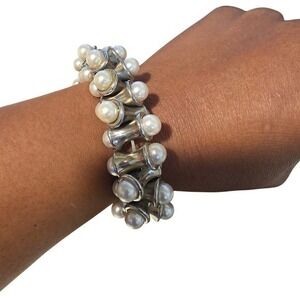Silver Tone Faux Pearl Chunky Statement Stretch Bracelet Hourglass Design